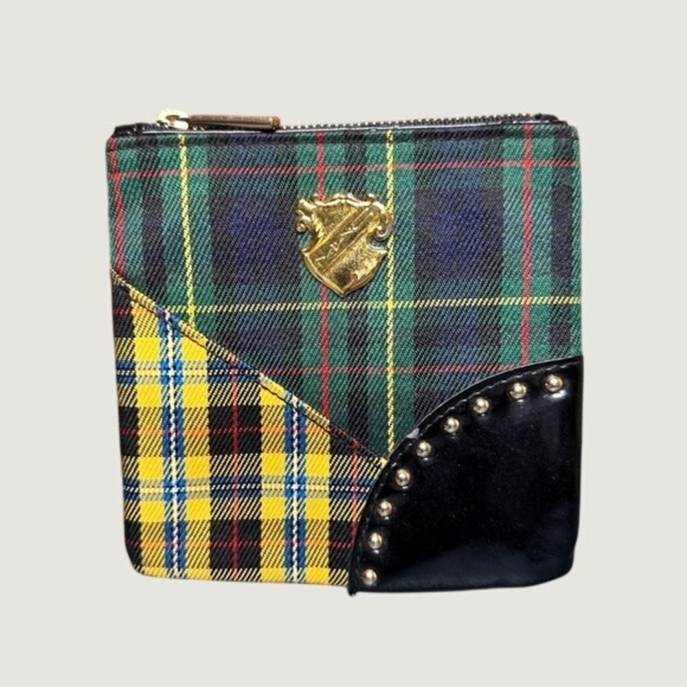 Y2K MAC Cosmetics Tartan Tale Plaid Studded Zipper Pouch Coin Purse Green Yellow
